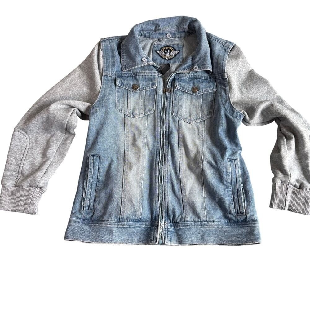 Urban Republic Kids Blue Denim Hybrid Hoodie Jacket Gray Moto Sleeves Size 14/16 - Picture 2 of 8